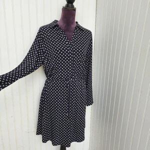 Nicole Miller Women's Shirt Dress Stretch Black Polka Dot Drawstring Lined Sz 14